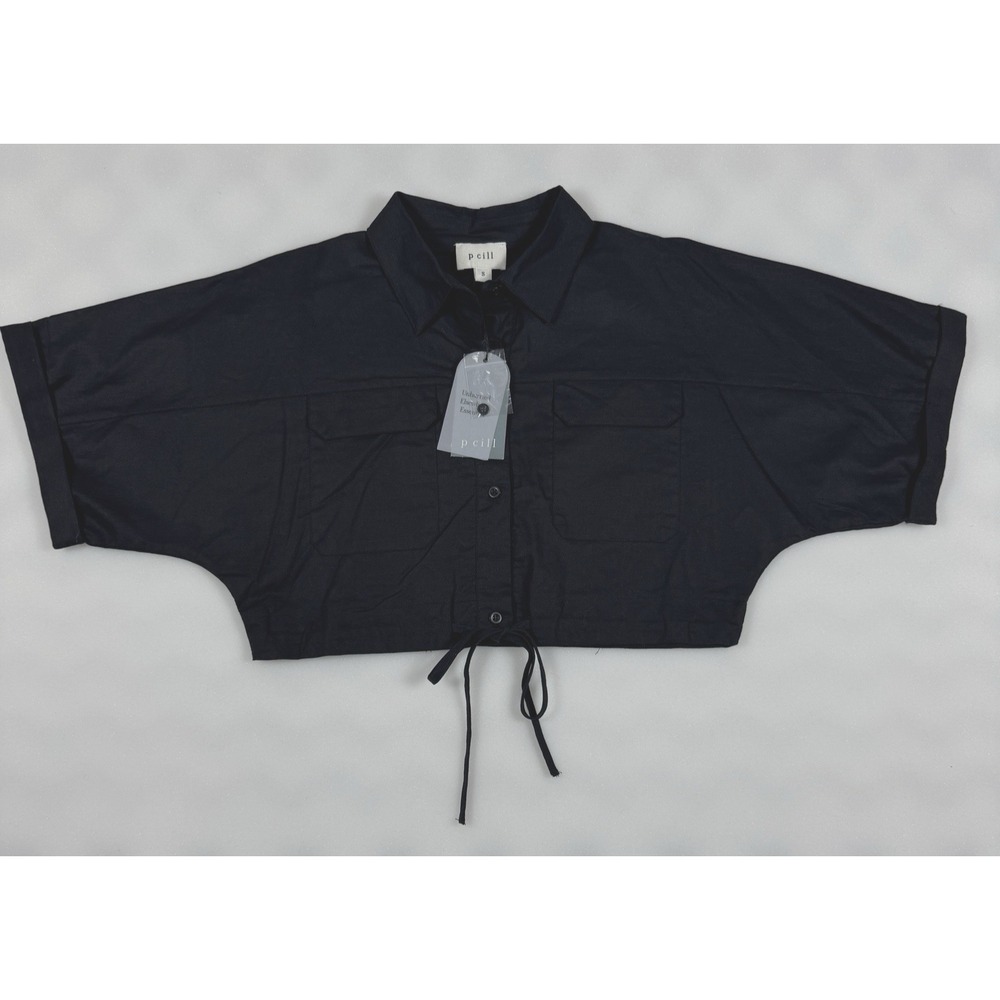 P Cill Womens Small Black Cropped Cargo Blouse Cotton Linen Drawstring Shirt